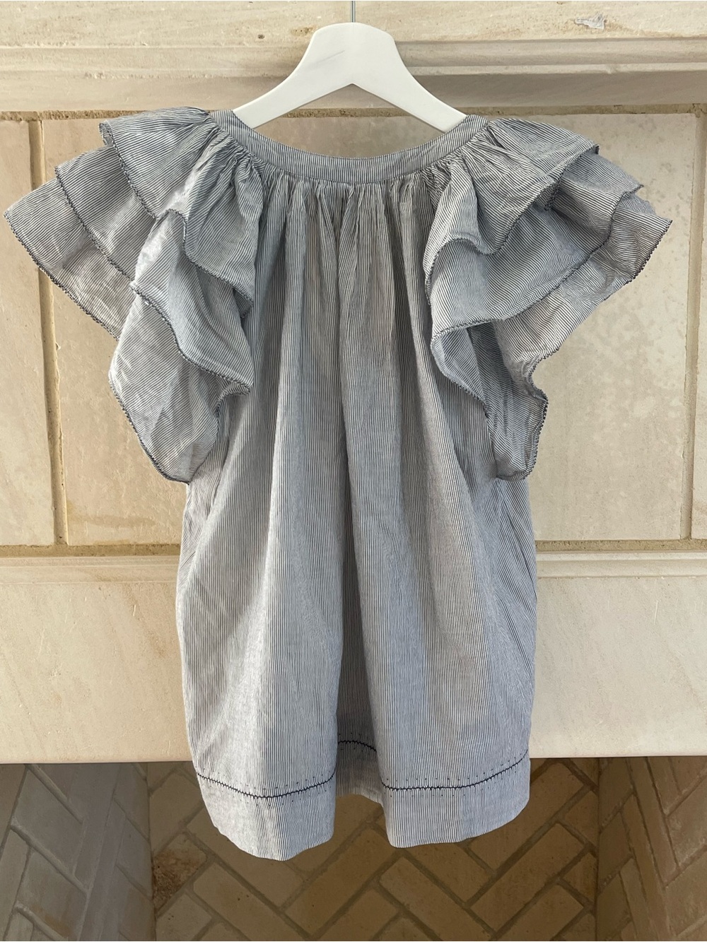 Ulla Johnson Light Blue Striped Tassel Flutter Sleeve Top - Picture 2 of 5